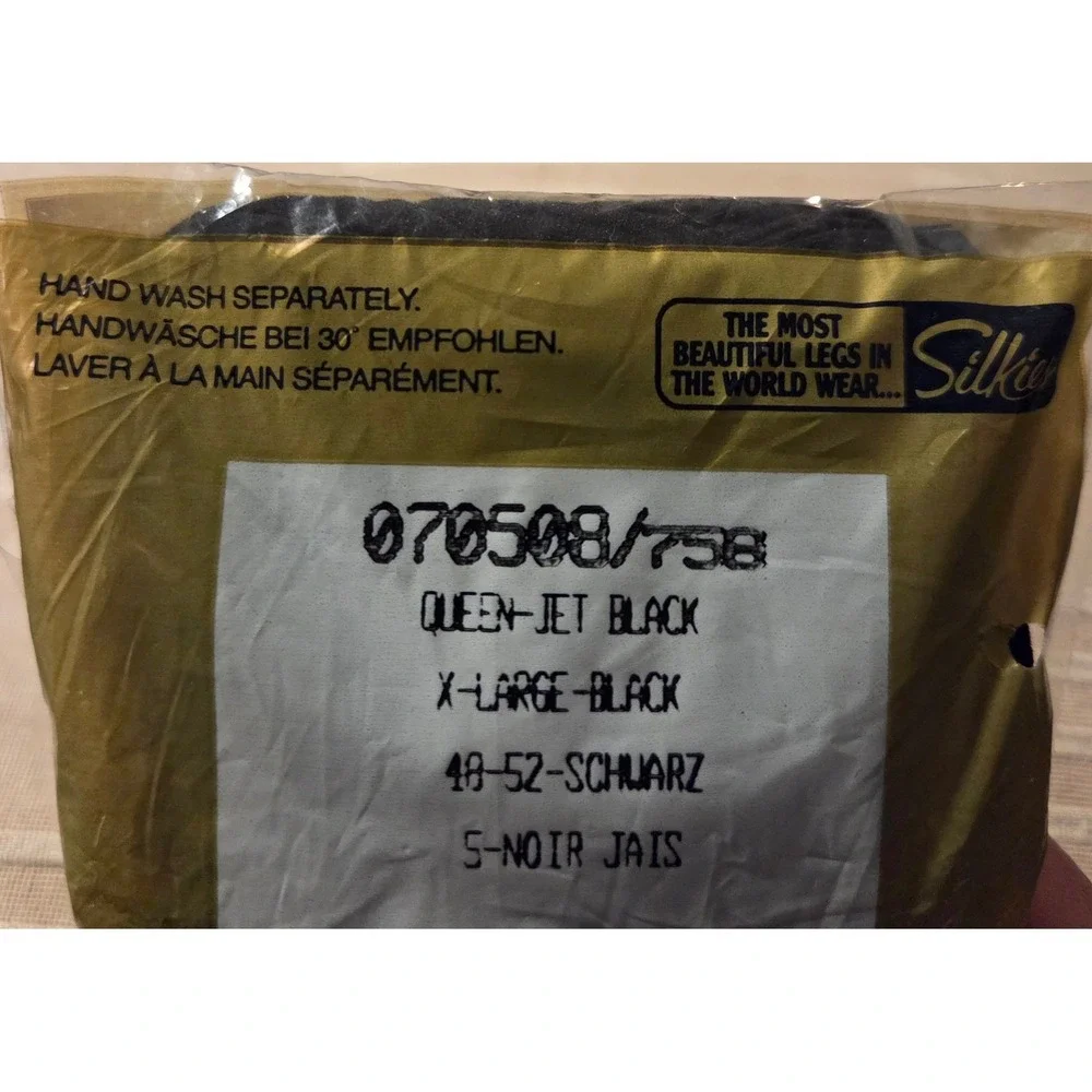 NOS Vintage Silkies‎ Control Top Pantyhose Jet Black XL 070508/758 Made in USA